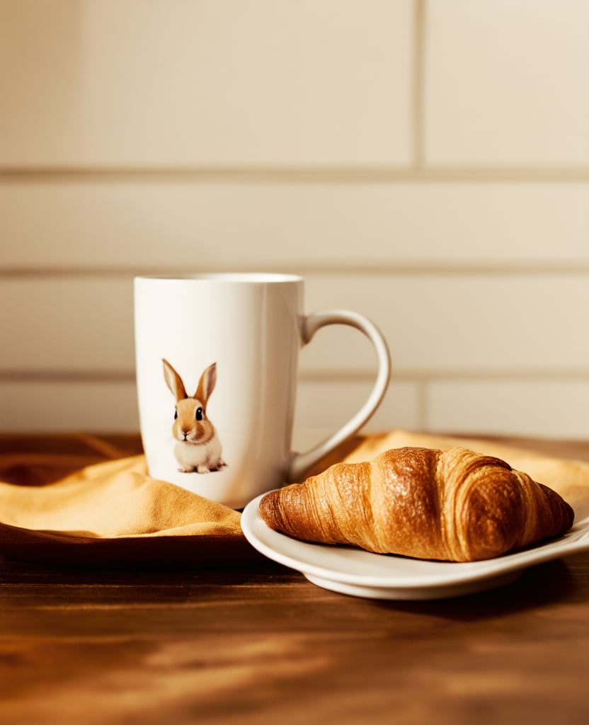 Create an image of a family coffee mug with a rabbit print, placed on a rustic wooden table. Beside it, a freshly baked croissant with a golden-brown crust is perfectly arranged. The scene is illuminated by soft morning sunlight, casting a warm glow over the table. The composition focuses on the mug and croissant, with a slight depth of field to emphasize the cozy breakfast setting.