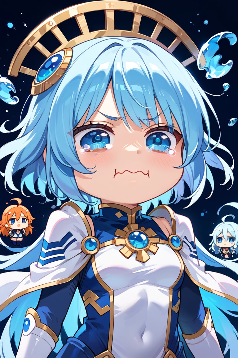 masterpiece, highly detailed, 16k, ultra HD, meme, chibi, chibi style, closed mouth, upper body, cute face, anime style, 1girl, long blue hair, blue glow eyes, ba_chibi, score_9, score_8_up, score_7_up, source_anime,BREAK, aquacrying, wavy mouth, tearing up