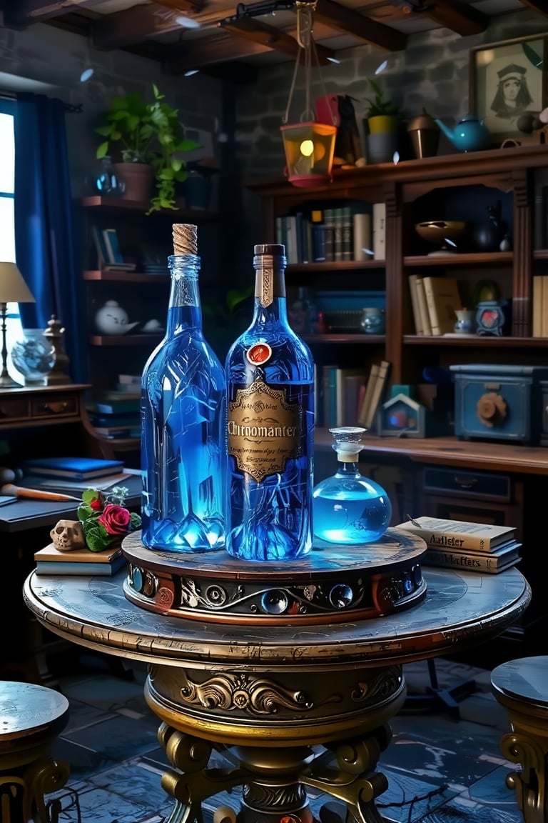 3d rendering,figure resin, basic base ,(masterpiece, best quality), mystic, haze aura, A bottle of potion with vigrant colors, blue glowing with vibrant magical energy. They are placed on a small, round, vintage-style table that evokes an old European atmosphere. On bottle there are sign 'Chronomancer'. In the background, a slightly blurred alchemist's study helps to focus attention on the bottles. Soft light filters into the scene, while fireflies float around, adding a touch of mystery and magic to the glowing bottles.