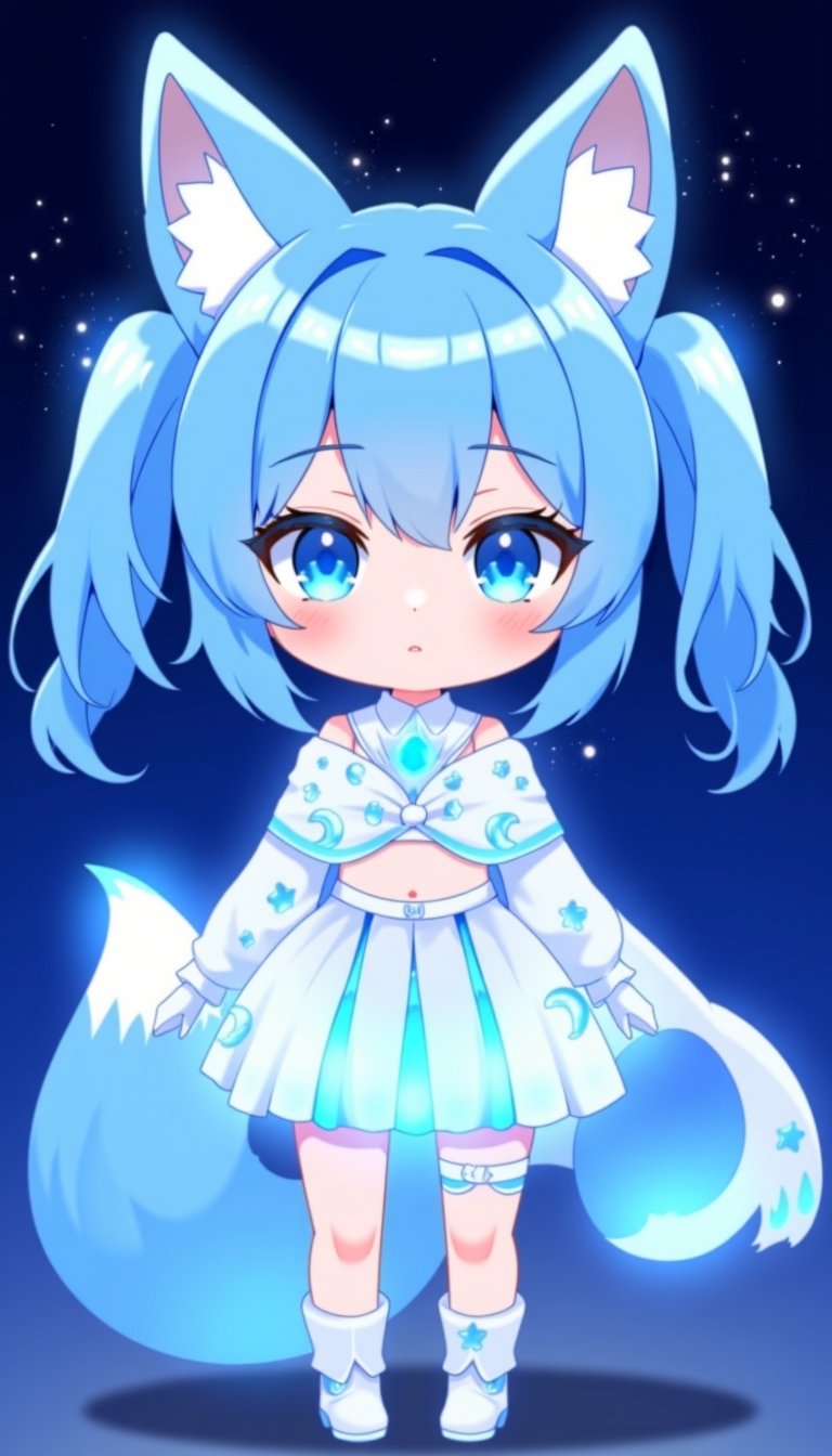 chibi girl, front view, Anthropomorphized fox Girl: Pure blue hair tied into high twin ponytails, with a blue sheen at the ends Blue eyes, like stars shining in the night sky White clothing featuring a blue glowing moon pattern on the chest A translucent fiber optic skirt with blue LED lights, mimicking the starry sky Light and semi-transparent white shawl embroidered with blue crescent moons and stars Two pairs of white fox ears and a long fox tail, with a blue LED light at the tip of the tail Boots adorned with blue fiber optics, giving a futuristic feel White fingertip touchscreen gloves.full body,chibi, sanrio style, 3D colour,Anime Style