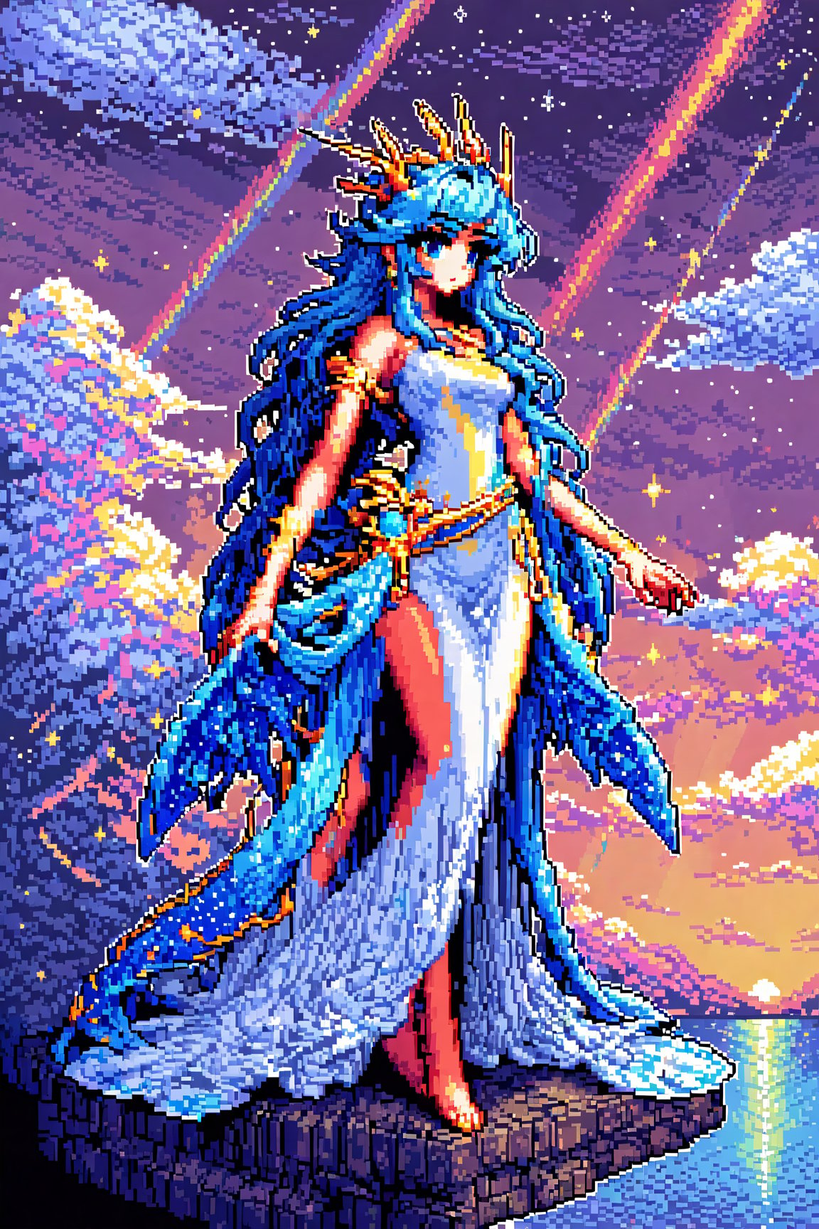 SelectiveColorStyle, light colors, Pixel art of a majestic goddess. Starry clouds background, Best quality, score_9, vivid colors, anime style, elegant, highly detailed, masterpiece, HD