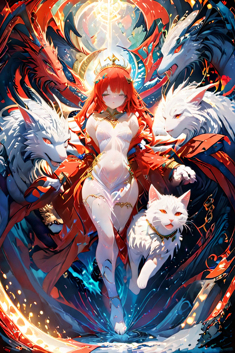 A majestic queen of cats grasps a massive feline companion in her arms, captured in a full-body shot. Her porcelain-like skin appears almost translucent against the vibrant colors surrounding her. Wide, crimson-red eyes gleam with an otherworldly intensity, as if fueled by ancient mystical powers. The artwork's vertical composition and intricate details create a breathtaking, dreamlike atmosphere, transporting viewers to a realm where mythical creatures reign supreme.