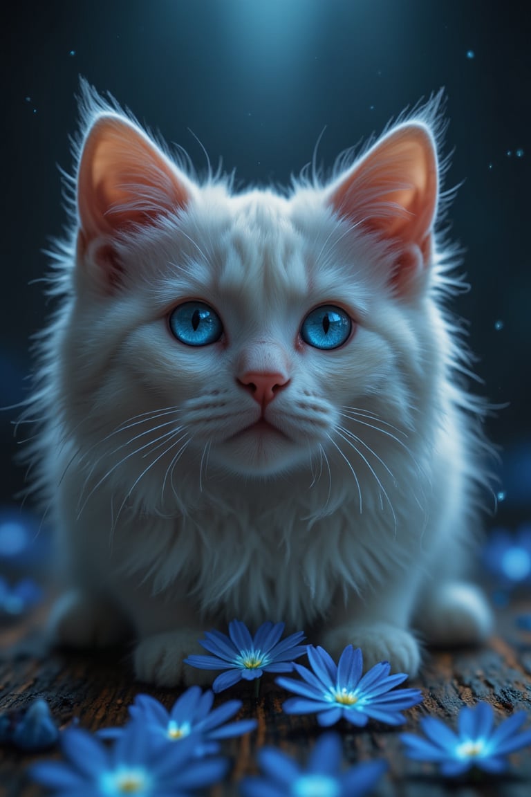 White cat, blue glowing eyes, cute, masterpiece, blue flower