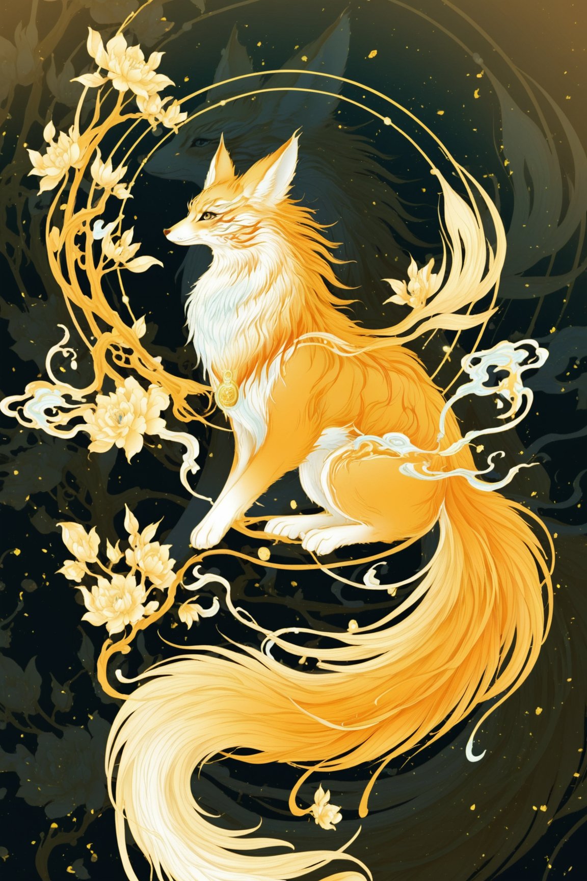 Iconic logo, chinese logo, nine-tailed fox, majestic aura, golden and silver, elegant, priceless, highly detailed, HD, 16K, traditional art style