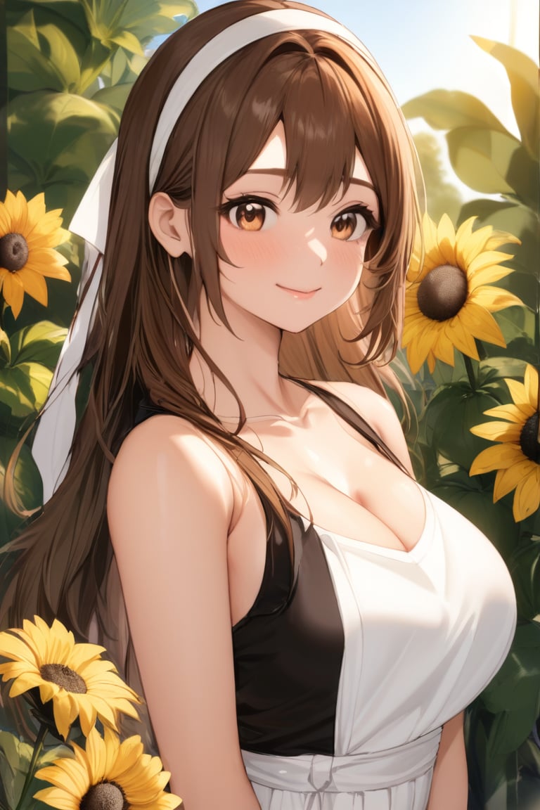 A young woman, Kelart, poses against a sunny outdoor backdrop, surrounded by blurry yellow sunflowers. She stands from the side, gazing directly at the camera with her warm brown eyes. Her extremely long brown hair cascades down her back, tied back with a white hairband. Her medium-sized chest is adorned with a black sleeveless top under a flowing white outfit that drapes elegantly over her curves. The portrait is framed by the lush greenery and sunflowers, with the soft sunlight casting a warm glow on her face.