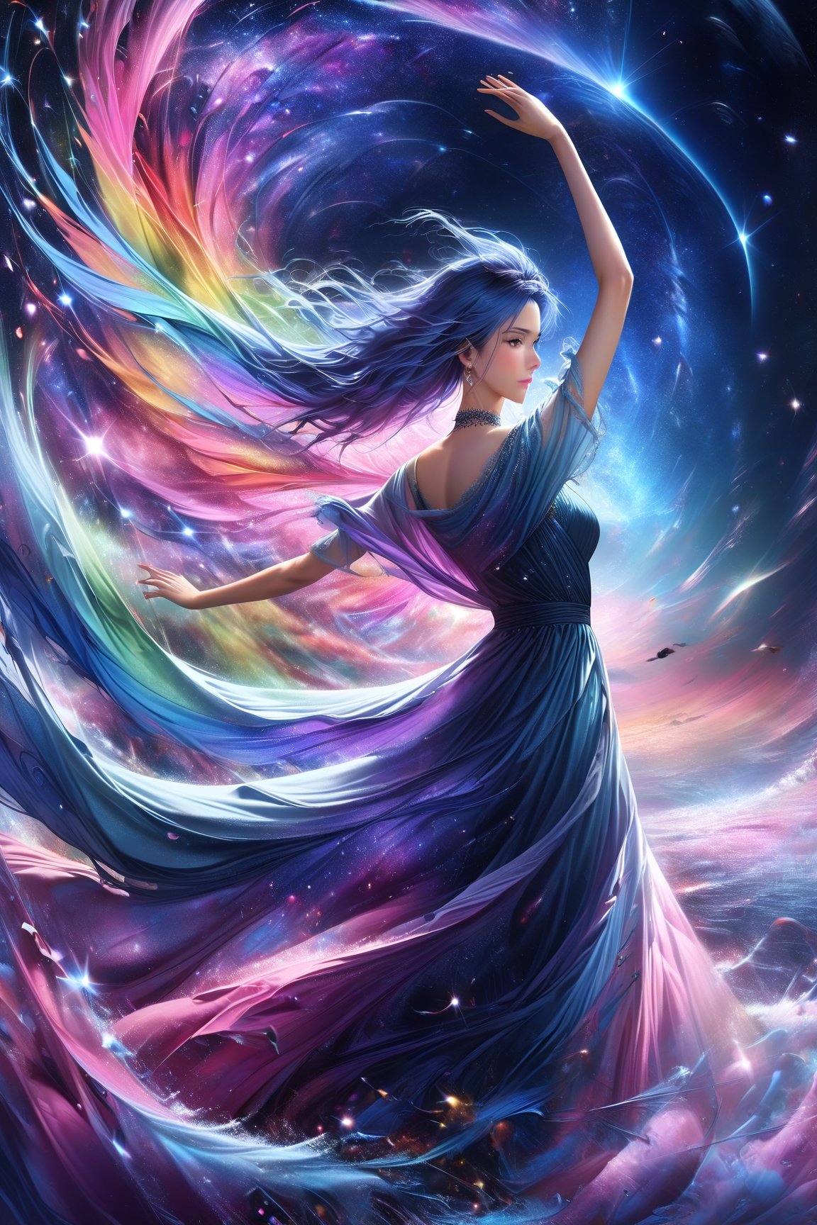 anime girl, masterpiece, high quality realistic, realistic aesthetic photo, sharp forcus, vibrant colors, galaxy of background, half body, rainbow-color, elegance, passion, fairy, beautiful girl, long blue hair, long dress, wind, dancing, DonMF41ryW1ng5XL,ink,DonMM1y4XL