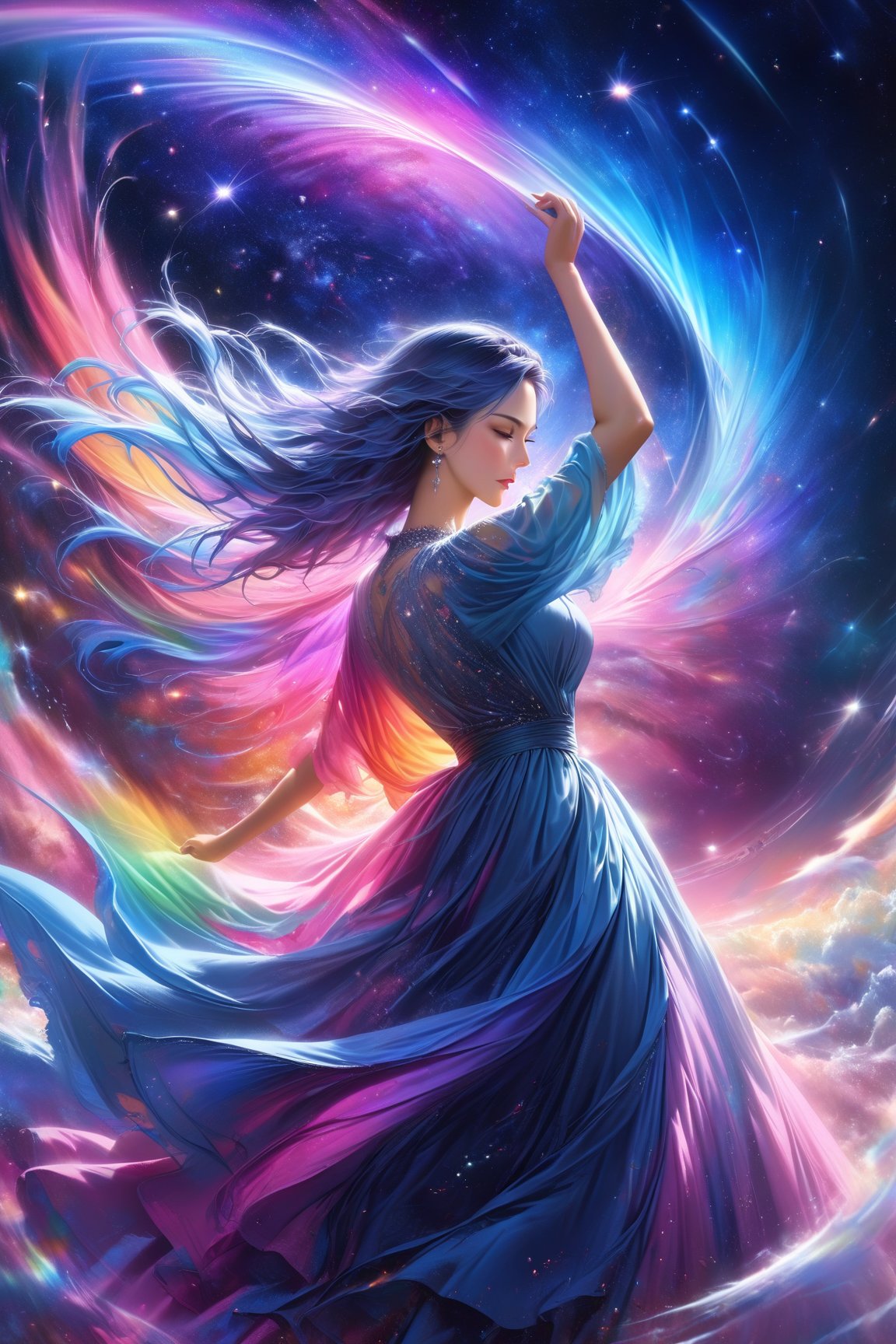 anime girl, masterpiece, high quality realistic, realistic aesthetic photo, sharp forcus, vibrant colors, galaxy of background, (half body), rainbow-color, elegance, passion, fairy, beautiful girl, long blue hair, long dress, wind, dancing, DonMF41ryW1ng5XL,ink,DonMM1y4XL