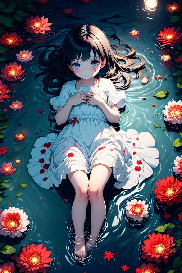 A girl in a white dress lying down and floating in a pond, (horror style), ultimately adorable, incredibly cute, super kawaii, surrounded by many bloody flowers, sad, hands on chest, full body, moonlit night, fantastic, mysterious, from above, masterpiece, highest quality, 8k, ultra-detailed, perfect anatomy, detailed eyes, anatomically correct hands, very clear and precise images,Anime Style.,Anime style