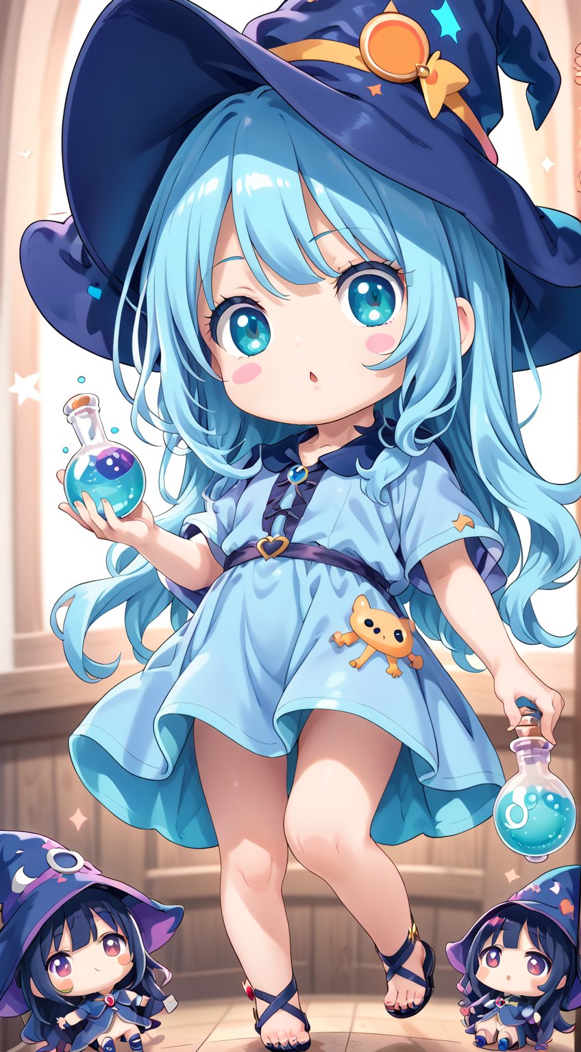 ((anime chibi style)), masterpiece, highly detailed, 16K, HD, cute witch girl with adorable eyes, blue witch hat, blue witch dress, dynamic angle, depth of field,1girl, with a lot of potion bottle,kawaii,Chibi,cutestickers,cutechibiprofile,chibi