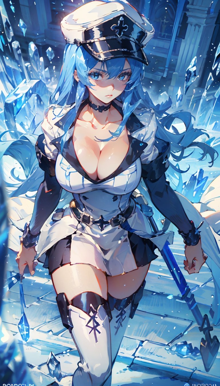 masterpiece, high_resolution, ultra realistic, outdoors, (hair ornament), reah, long blue hair, looking at viewer, perfect face, see through top, facing viewer, photorealistic, blue glows, sexy, 4K, 8k HD, high quality, portrait, boots, choker, cleavage, collarbone, hat, ice, military, military uniform, peaked cap, thigh boots, thighhighs, uniform, bracelet, portrait art, esdeath,perfect light,IceElementCh