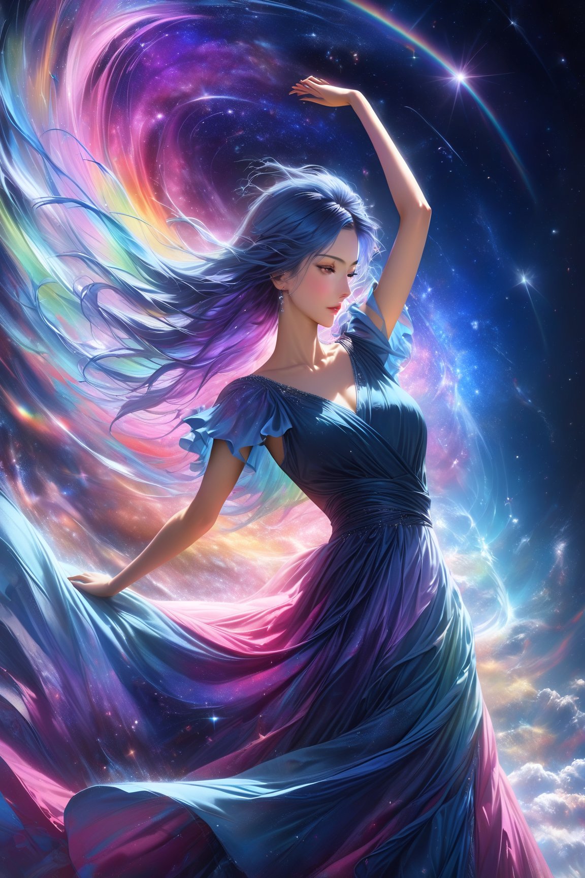 anime girl, masterpiece, high quality realistic, realistic aesthetic photo, sharp forcus, vibrant colors, galaxy of background, (half body), rainbow-color, elegance, passion, fairy, beautiful girl, long blue hair, long dress, wind, dancing, DonMF41ryW1ng5XL,ink,DonMM1y4XL