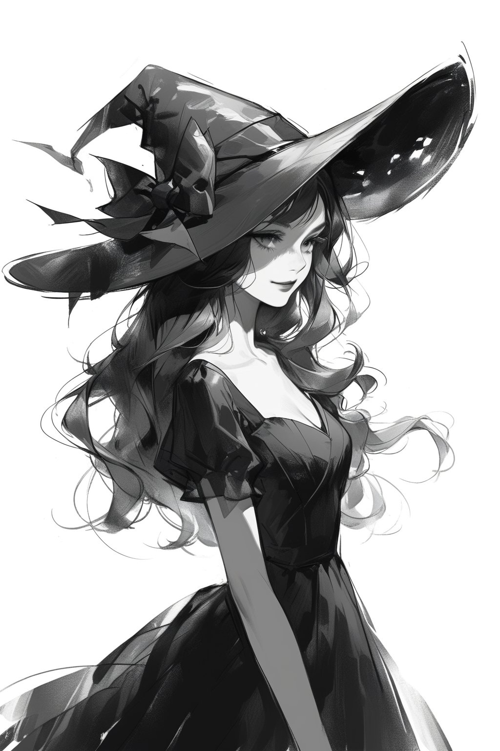 charcoal \(medium\), 1girl,concept art pixar, 3d style, toon, best quality, 4K, super detail, young witch girl with big witch hat, detailed pretty face, gorgeous woman, cute smile, slim girl, perfect girl, elegant dress, long hair, simple background,  white background,  digital artwork, illustrative, painterly, matte painting, highly detailed, dynamic composition, breathtaking, relax, detailed, ilustration, masterpiece, highly detailed, stunning image, elegant, dramatic, bold, intense, detailed, eye-catching, solo, monochrome, greyscale