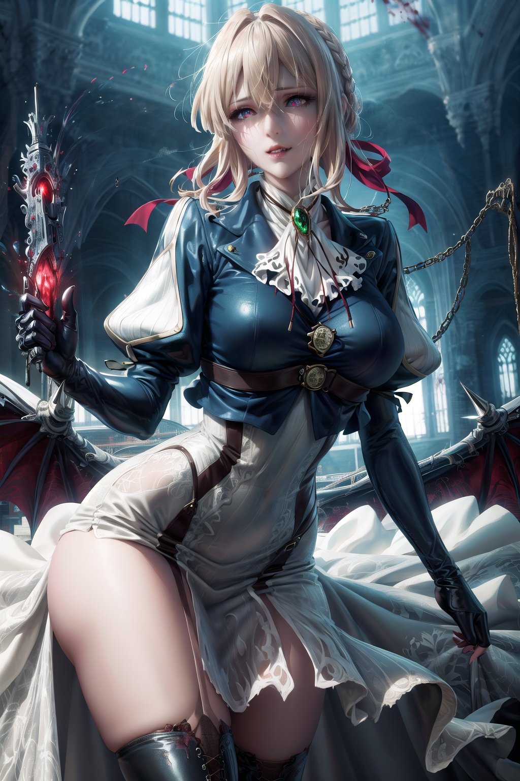 high detail, rapthalia, women, vampiric, large breasts, ((leather leggings, thigh uniform), stiletto boots, black lips, (pretty red glowing eyes), pretty face, teasing, evil look, fang teeth, smirk, (blood dripping from mouth), demon wing, pornographic pose, blurry background, vamptech, manga panel, monochrome, full length, masterpieces, violet evergarden, braid, hair ribbon, red ribbon, jewelry, white ascot, brooch, blue jacket, long sleeves, brown gloves, white dress, long dress