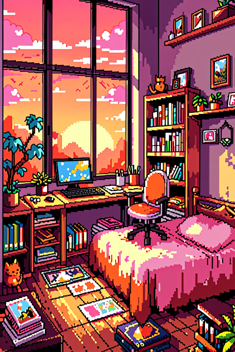 A pixel art scene of a bedroom with large windows overlooking the garden, bathed in warm pink and orange hues during sunset. The room is filled with various painting supplies and canvases on 
shelves, while a Cat sits at their desk surrounded by books and sketches, adding to the cozy atmosphere. In the background, you can see exotis garden outside, adding depth to the scene.,pixel art style