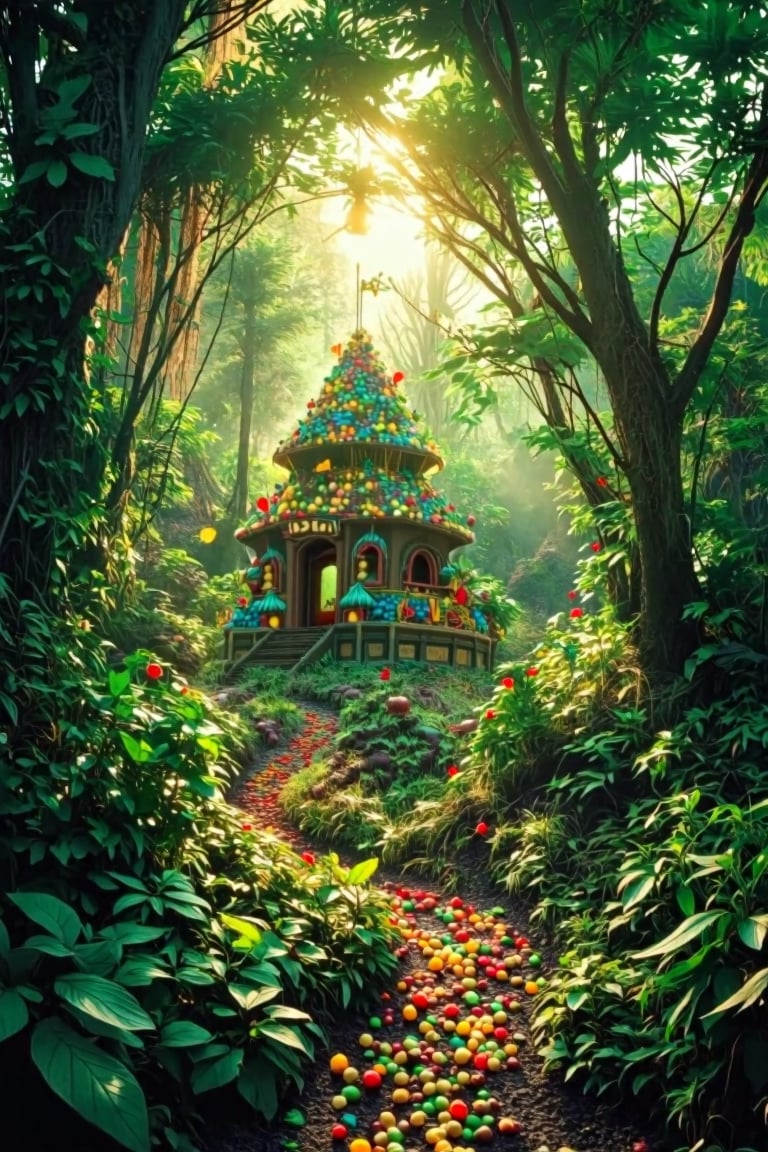 In a mystical clearing within a dense, ancient forest, a whimsical candy house stands amidst a tapestry of emerald foliage. Warm sunlight filters through the canopy above, casting dappled shadows on the vibrant hues of the sweets. A tranquil landscape unfolds, where eerie atmosphere and vivid colors converge. Cinematic composition guides the eye to the sugary abode, as natural scenery takes center stage in this photorealistic, 8K masterpiece.