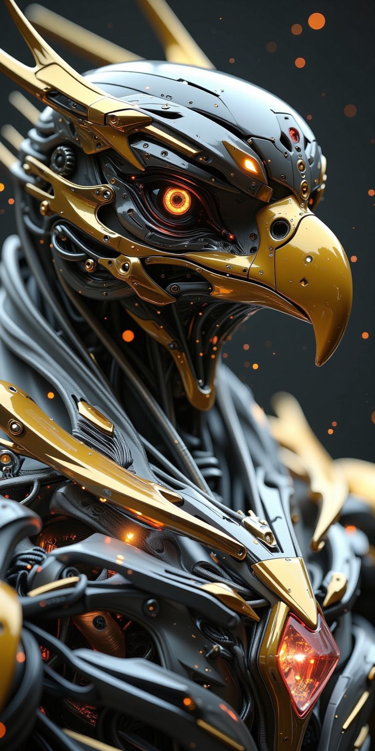 masterpiece, eagle robot, robot, mechanical, highly detailed, hd, mystical, mistic, elegant, jewelry, gem, spark particles background, bokeh, masterpiece, best quality, 16k, ultra-detailed, finely detailed, high resolution, perfect dynamic composition, detailed eyes, cinematic lighting, detailed background, depth of fields, perfect proportion, hyperdetailing skin, clear skin, harmonious composition,AhFutur,mechanx