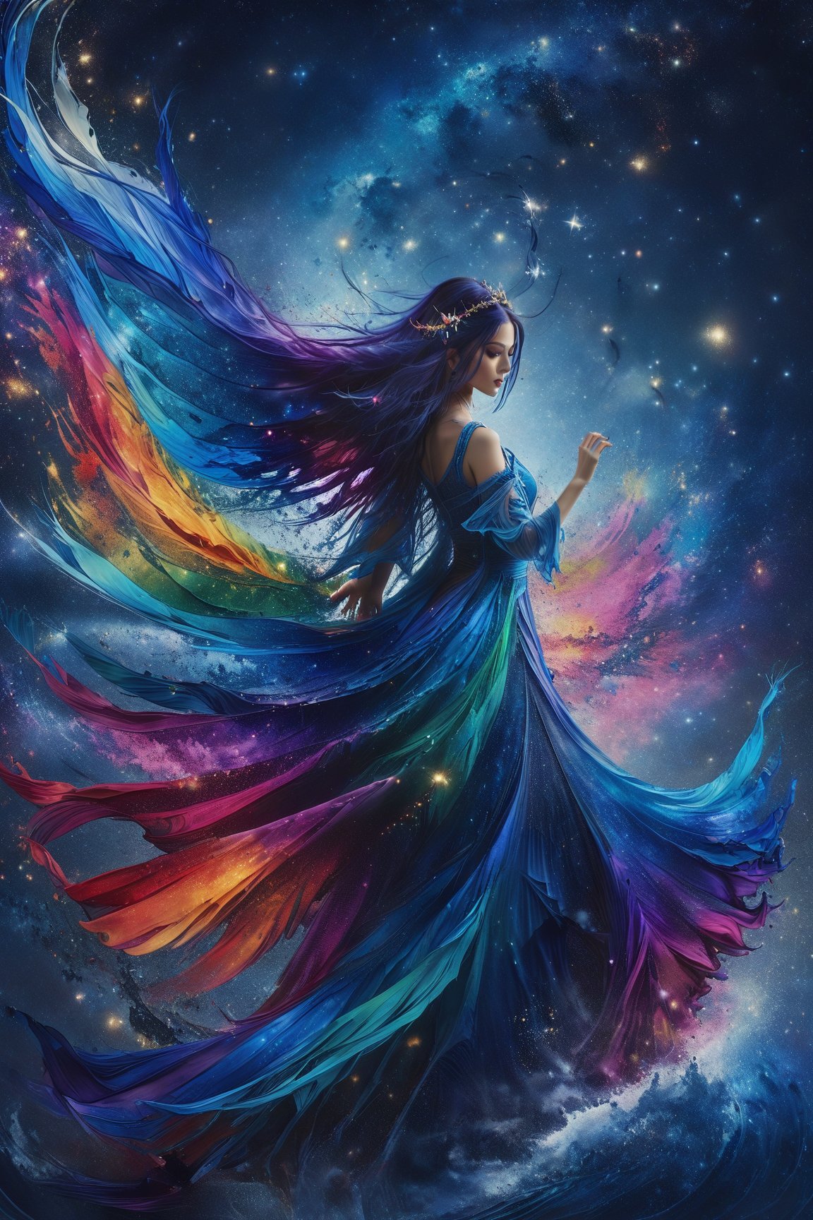 masterpiece, high quality realistic, realistic aesthetic photo, sharp forcus, vibrant colors, galaxy of background, (full body shot), rainbow-color, elegance, passion, fairy, beautiful girl, long blue hair, long dress, wind, dancing, DonMF41ryW1ng5XL,ink,DonMM1y4XL