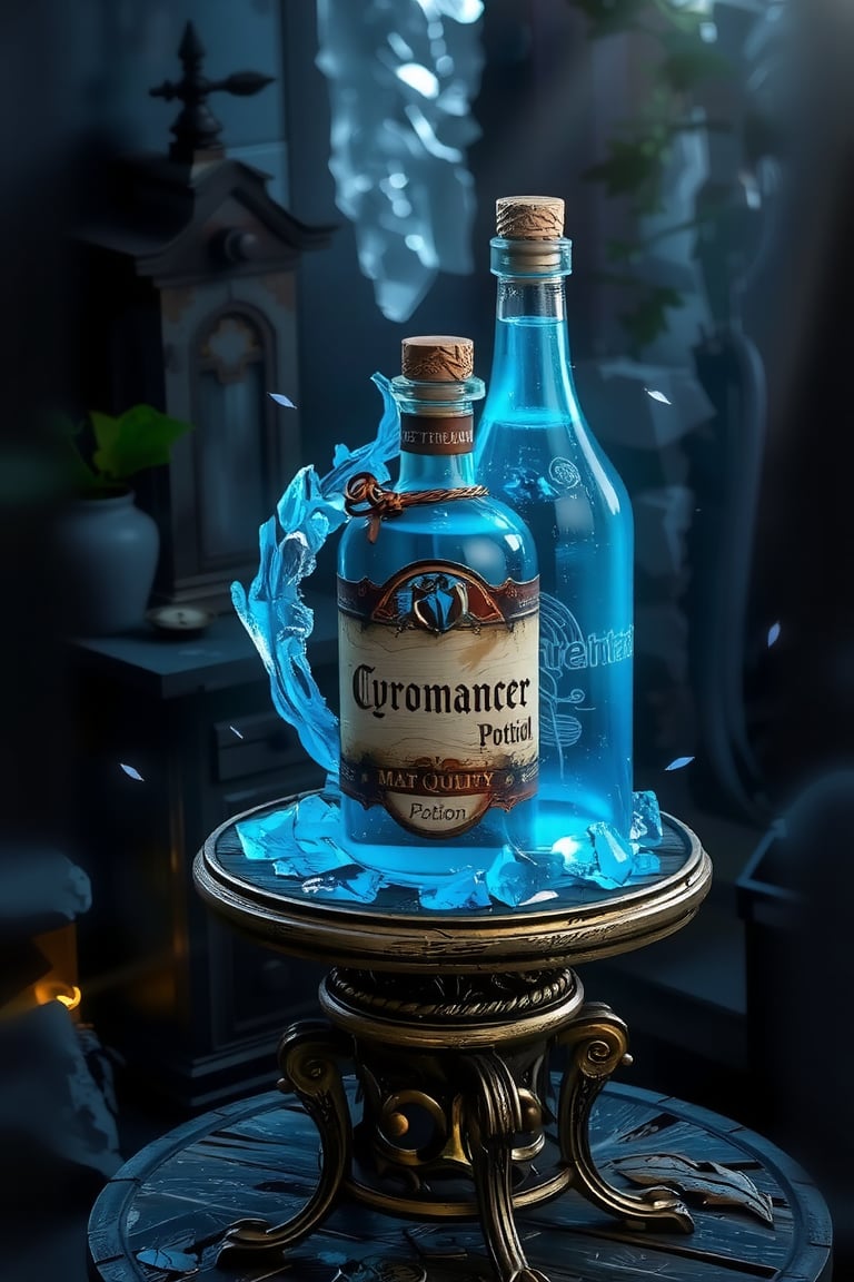 3d rendering,figure resin, basic base ,(masterpiece, best quality), mystic, haze aura, A bottle of potion with vigrant colors, light blue glowing with vibrant magical energy. They are placed on a small, round, vintage-style table that evokes an old European atmosphere. On bottle there are sign 'Cyromancer'. In the background, a slightly blurred, frigid ice to focus attention on the bottles. Soft light filters into the scene, while fireflies float around, adding a touch of mystery and magic to the glowing bottles.