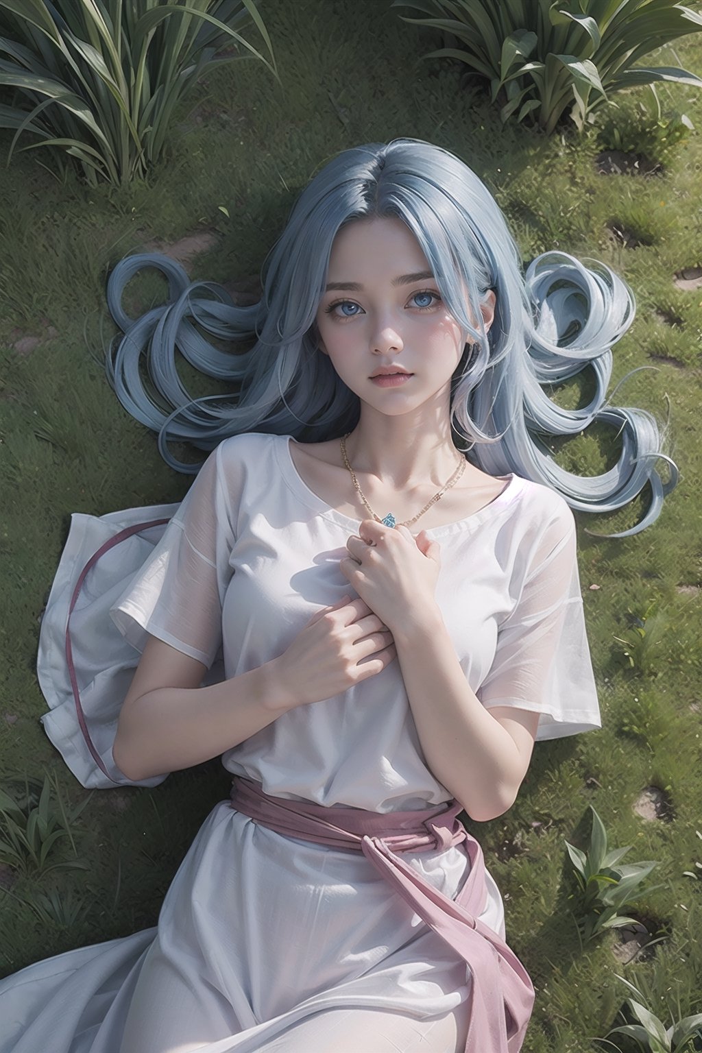 masterpiece, best quality, feena, necklace, white robes, short sleeves, sash, majestic,1 woman, grass area, blue hair, blue eyes, feminine, long hair