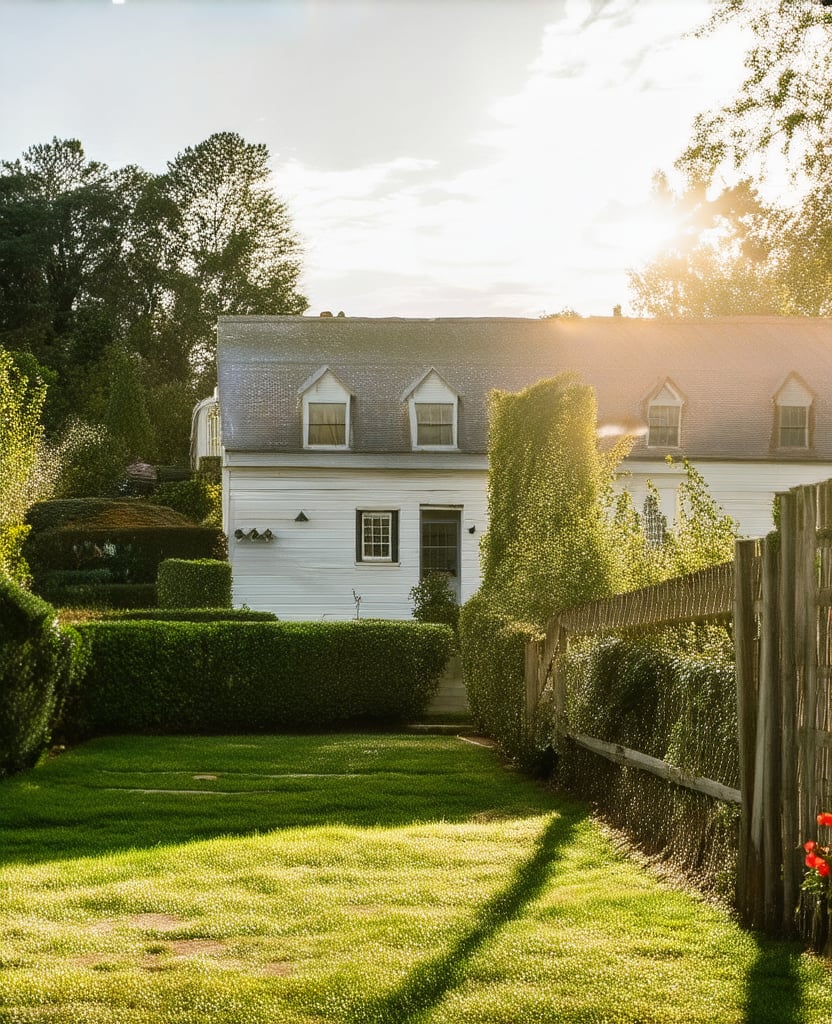 A serene morning scene: a charming white house with a lush green garden, surrounded by a rustic wooden fence. The sun shines brightly overhead, casting a warm glow on the vibrant flowers and neatly trimmed hedges. A gentle breeze rustles the leaves as the morning dew glistens on the grass.,Realistic Enhance