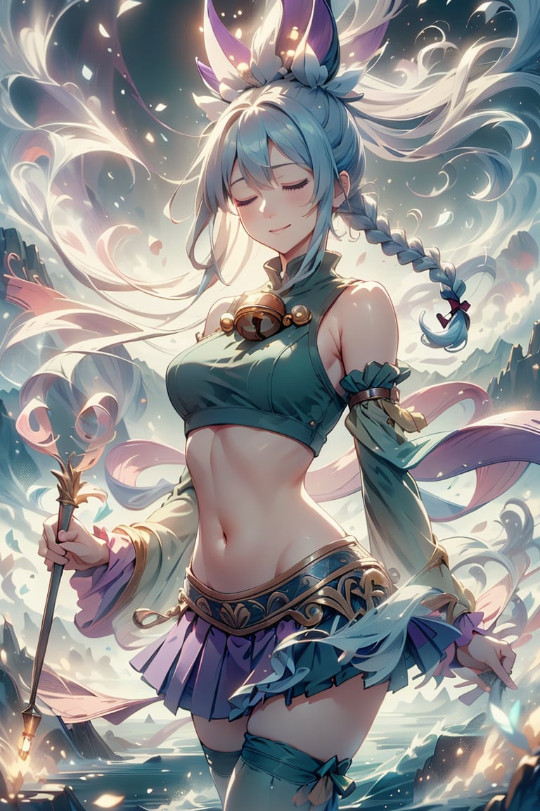 Masterpiece, high detailed, high resolution, 8K, majestic, 1girl, half body, beautiful face, gentle smile, mishera, closed eyes, braid, hair ornament, hair ribbon, crop top, purple skirt, detached sleeves, green thighhighs, flowing air, mountain background, holding wand,ElementWind