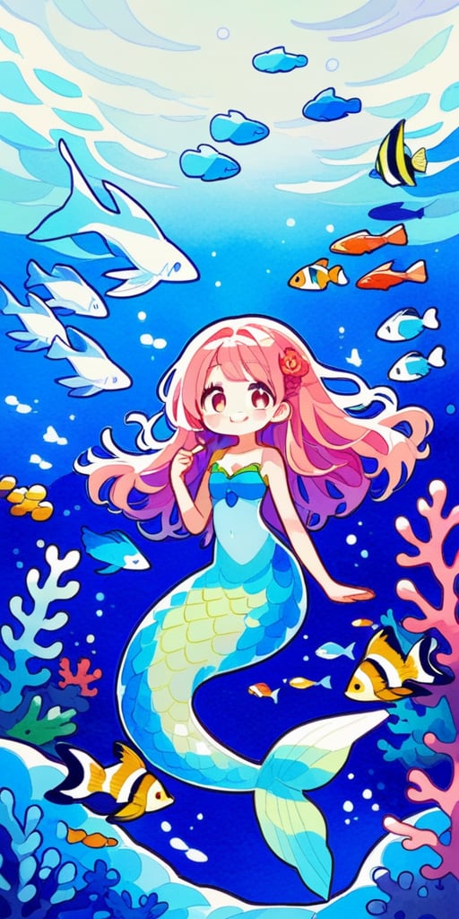 score_9, score_8_up, score_8, score_7_up, vibrant watercolor anime style. Gorgeous mermaid playing with other fish on the sea. She smiles charmingly as she holds a coral. A whimsical deep seat emerges out of a blue background