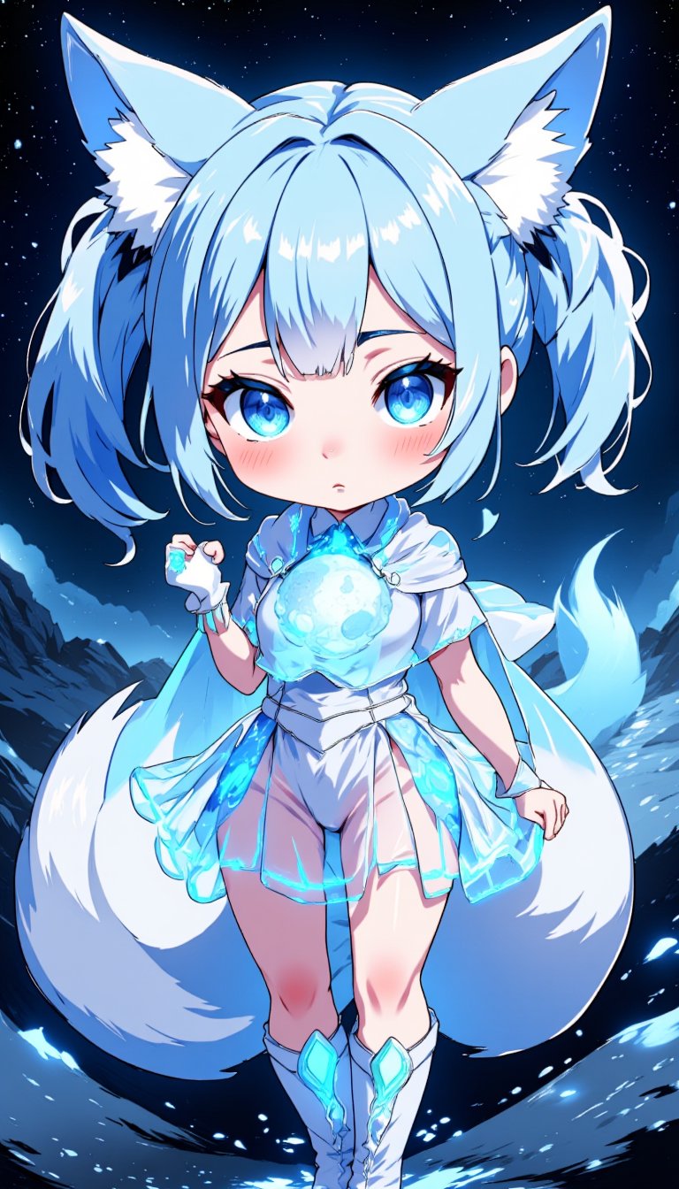 chibi girl, front view, Anthropomorphized fox Girl: Pure blue hair tied into high twin ponytails, with a blue sheen at the ends Blue eyes, like stars shining in the night sky White clothing featuring a blue glowing moon pattern on the chest A translucent fiber optic skirt with blue LED lights, mimicking the starry sky Light and semi-transparent white shawl embroidered with blue crescent moons and stars Two pairs of white fox ears and a long fox tail, with a blue LED light at the tip of the tail Boots adorned with blue fiber optics, giving a futuristic feel White fingertip touchscreen gloves.full body,chibi, sanrio style, 3D colour,Anime Style