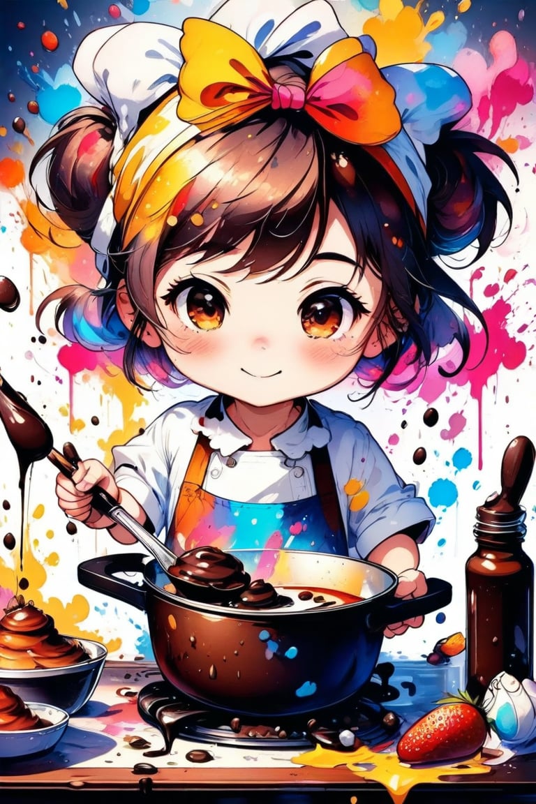 A very cute girl, chibi style, cooking, chocolate, mixing, ink brushstrokes in background mastepiece quality, stunning image, looking at viewer, anime girl, colorful, Ink art style.,Anime style