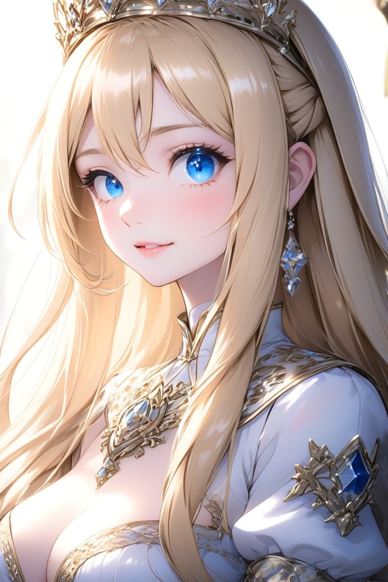 Beautiful girl, Calca Bessarez (Overlord), long hairstyle, blonde hair, blue eyes, tiara, princess, white dress, masterpiece quality, beautiful face, calm face, emo, looking at viewer, upper body, Anime Style., highly detailed