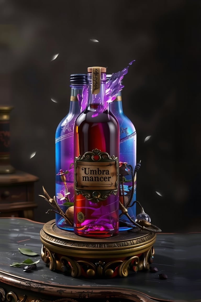 3d rendering,figure resin, basic base ,(masterpiece, best quality), mystic, haze aura, A bottle of potion with vigrant colors, purple shadow glowing with vibrant magical energy. They are placed on a small, round, vintage-style table that evokes an old European atmosphere. On bottle there are sign 'Umbramancer'. In the background, a slightly blurred, dark shadow to focus attention on the bottles. Soft light filters into the scene, while fireflies float around, adding a touch of mystery and magic to the glowing bottles.