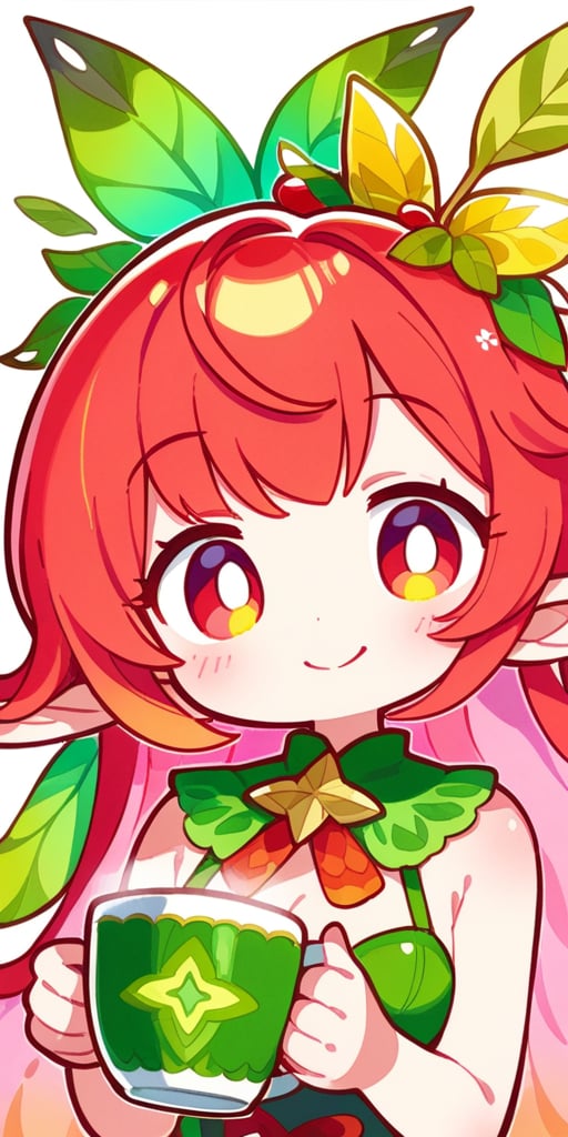 score_9, score_8_up, score_8, score_7_up, vibrant watercolor anime style. Close up of a gorgeous fairy with wild red hair. She smiles charmingly as she holds a steaming cup of coffee. A whimsical forest emerges out of a white background