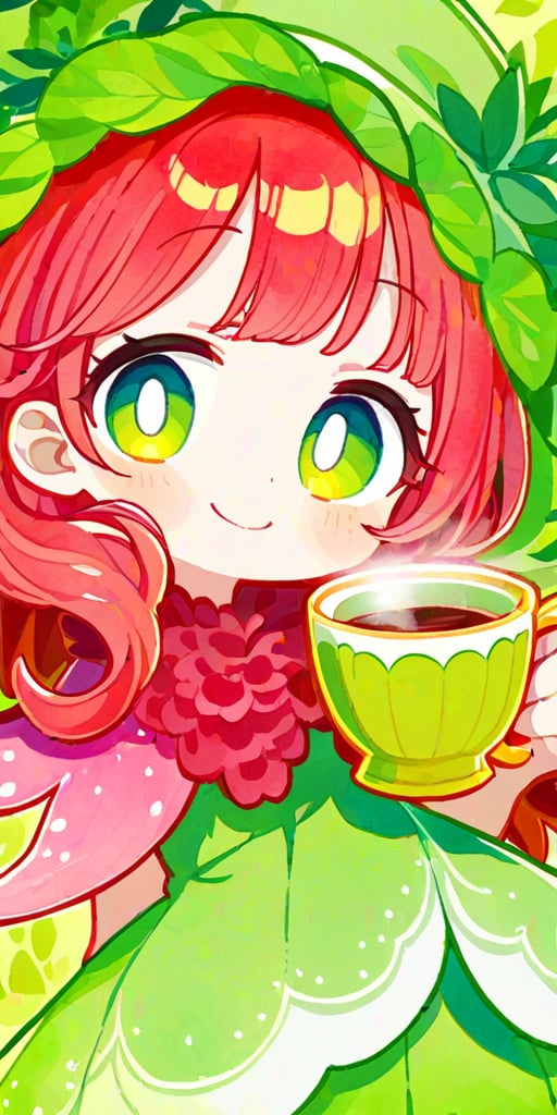 score_9, score_8_up, score_8, score_7_up, vibrant watercolor anime style. Close up of a gorgeous fairy with wild red hair. She smiles charmingly as she holds a steaming cup of coffee. A whimsical forest emerges out of a white background