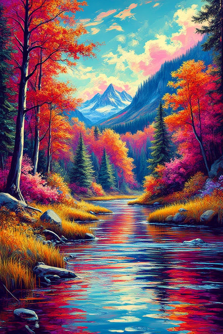 Capturing the vibrant energy of the forest. The scene is rendered in bright, contrasting colors with sharp, hard edges, featuring stylized plant and tree, bold outlines, and flat, graphic shapes. The waterways and trees are simplified into vibrant blocks of color, and the sky is filled with bold, stenciled clouds. The reflections in the water are presented in crisp, vibrant patterns that mimic commercial printing techniques. The overall composition is dynamic and eye-catching, blending popular culture and mass media influences with a striking, modern interpretation of a classic view."