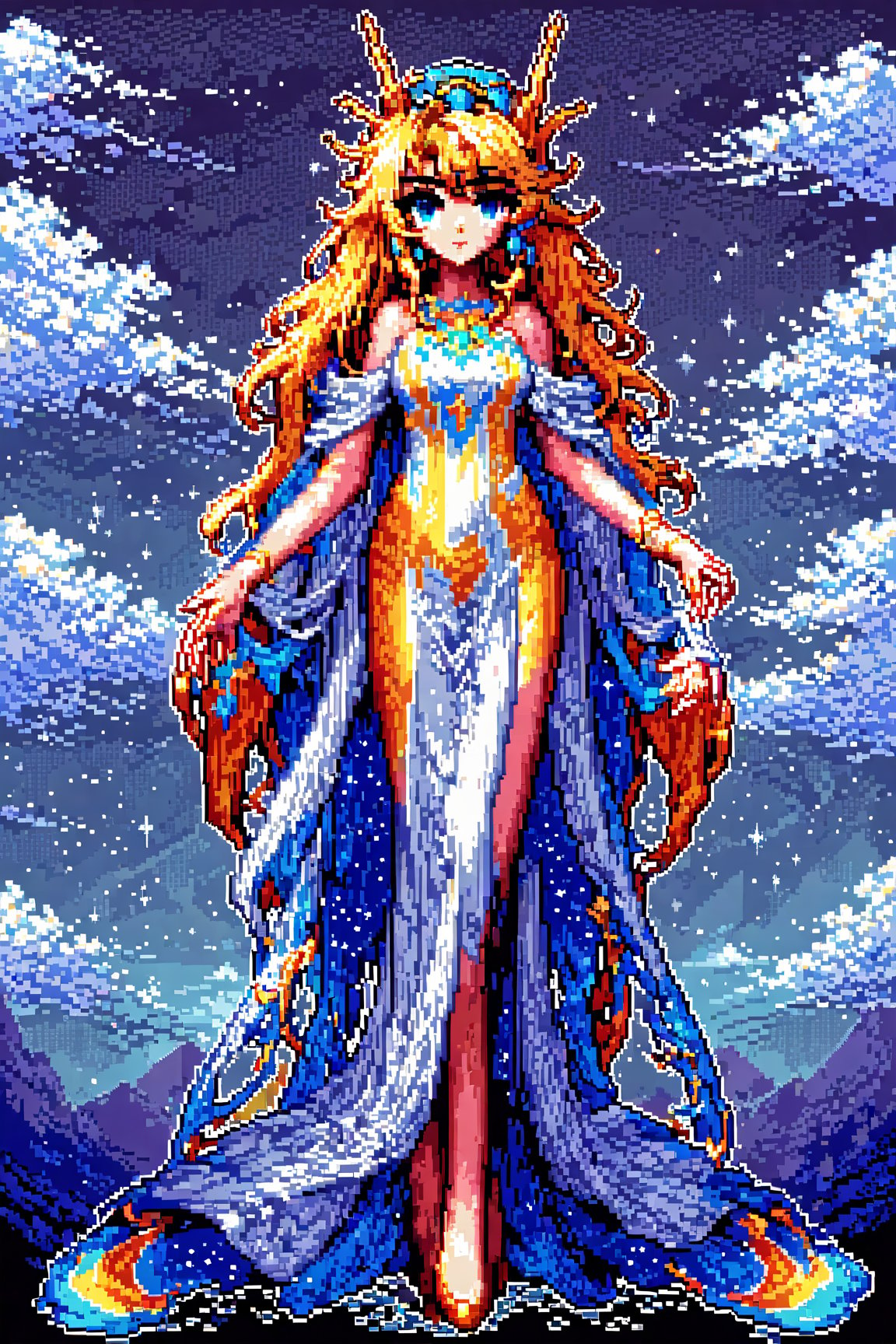 SelectiveColorStyle, light colors, Pixel art of a majestic goddess. Starry clouds background, Best quality, score_9, vivid colors, anime style, elegant, highly detailed, masterpiece, HD