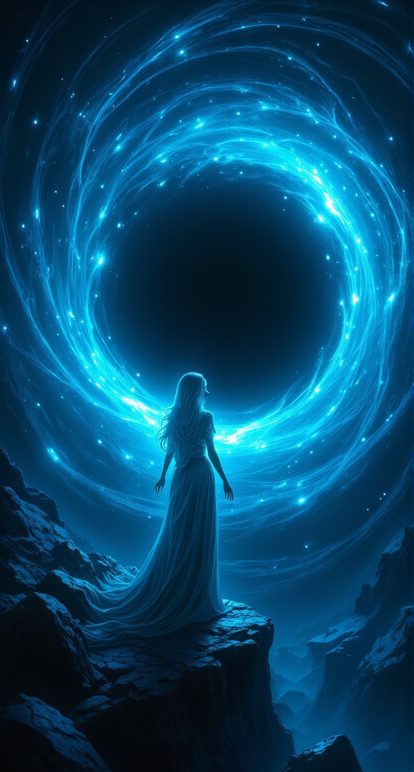 A breathtakingly detailed masterpiece! In a cinematic, Midjourney-inspired setting, a stunning, anime-style woman stands majestically, her slender figure illuminated by an otherworldly glow. She grasps the edge of a swirling, dark black hole, its blue-tinged vortex seeming to draw her in. Her long hair flows like aurora borealis, as she gazes serenely into the abyss. Against a deep, starry backdrop, this solo, beautiful woman embodies an enigmatic fusion of power and mystique.