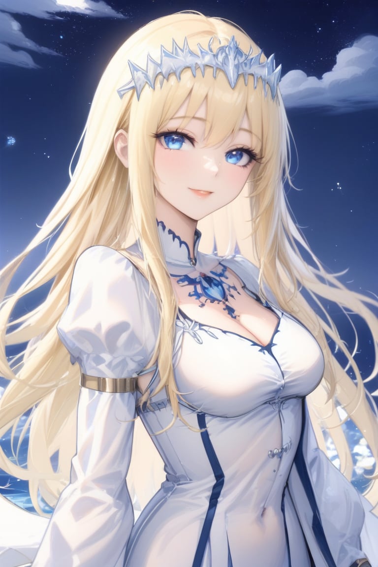 Beautiful girl, Calca Bessarez (Overlord), long hairstyle, blonde hair, blue eyes, tiara, princess, white dress, masterpiece quality, night_sky , beautiful face, calm face, looking at viewer, upper body, Anime Style., highly detailed, 1girl, white tiara, medium breasts, blunt bangs, portrait, sharpness