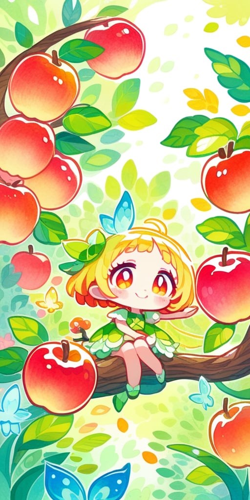 score_9, score_8_up, score_8, score_7_up, vibrant watercolor anime style. Multiple fairies, Gorgeous tiny fairy picking an apple on tree. She smiles charmingly as she holds an apples. A whimsical forest emerges out of a white background