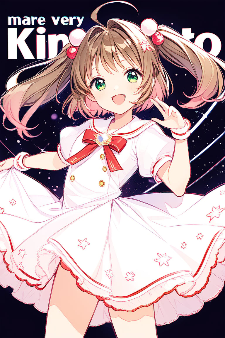 1girl, solo, looking at the audience, model pose, happy face, eyes with long and dense eyelashes (very bright and crystal clear), character name, text, kinomoto sakura, antenna hair, brown hair, short hair, twintails, green eyes, hair bobbles, Mahou Shoujo uniform, white costume