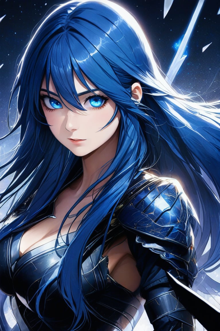 Beautiful girl, long hairstyle, blue hair, blue eyes, masterpiece quality, light particles, serious face, fighting stance, battlefield, looking at viewer, upper body, Anime Style., highly detailed, sharpness, RPG_Background