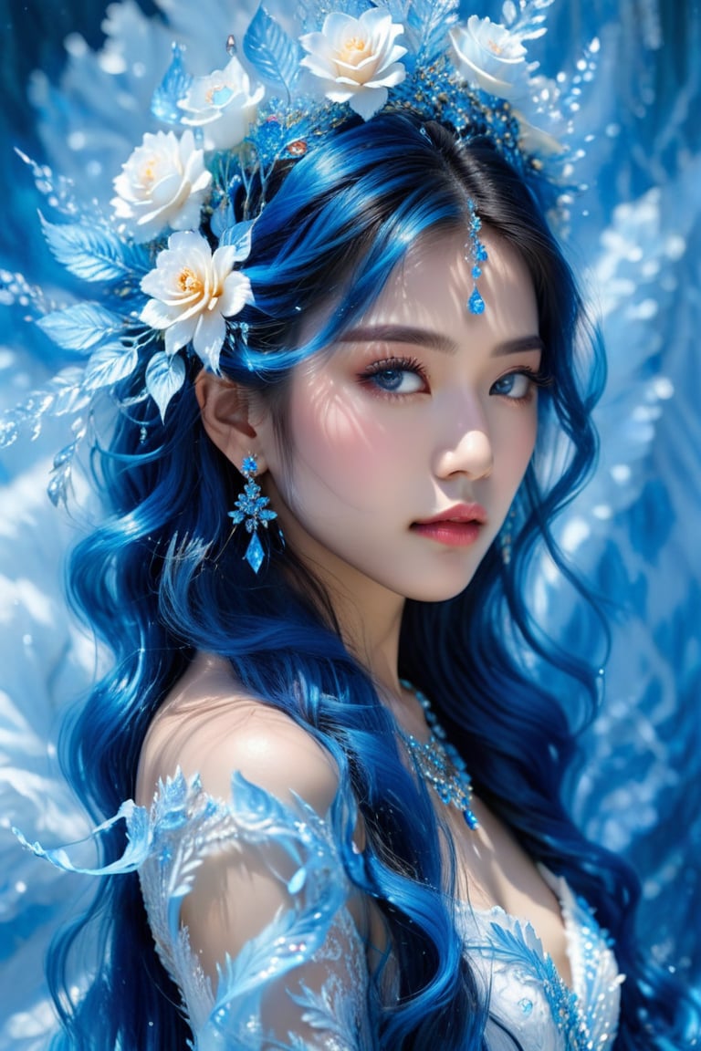 masterpiece, high quality realistic, fantasy-world art, aesthetic photo, highly detailed, intricate detailed, graceful and beautiful textures, RAW photo, 16K, (head to waist portrait), side view, look at camera, white majestic background, Fusion with blue crystal, captivating young girl, asian woman, beautiful face, detailed crystal eyes, light blue medium wavy hair, blue rose hair ornament, white dress,