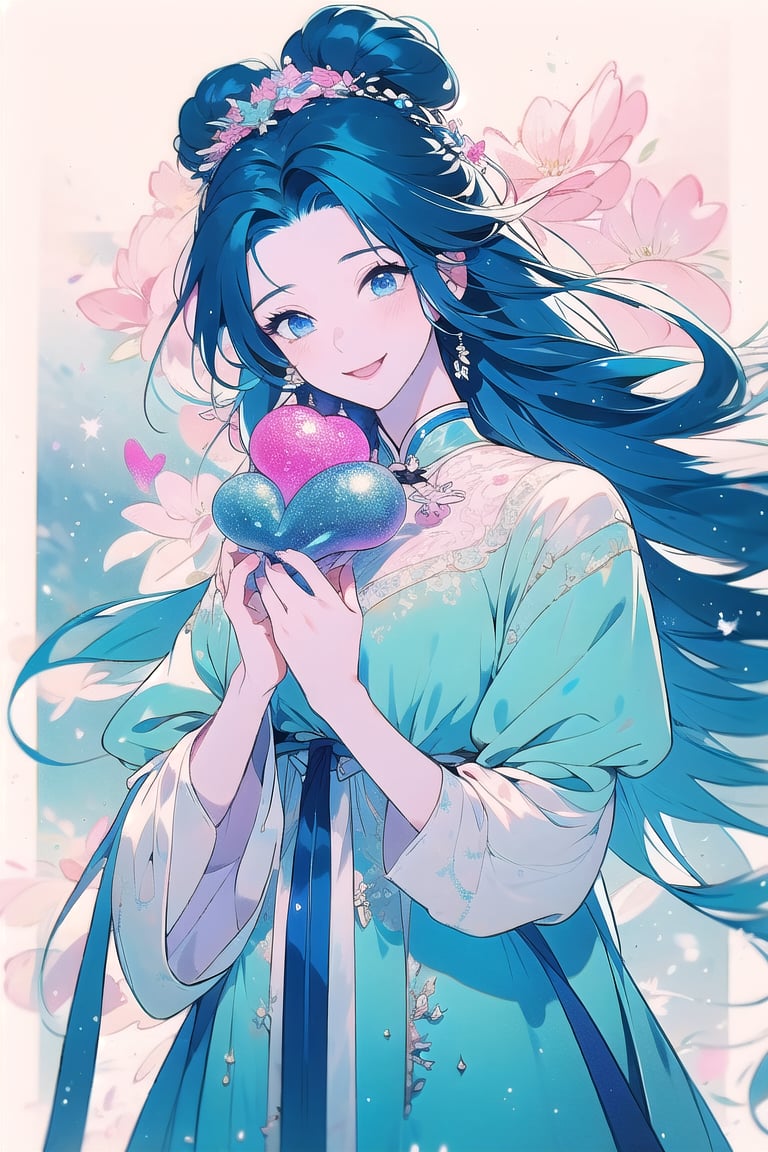 magical girl, blue hair, blue eyes, lolita dress, short dress, long hair, pale skin, soft skin, colorful snow background, rainbow, hearts, snow, snowing, ice, pastel, sun, crystals, gentle smile, looking_at_viewer, (masterpiece, best quality:1.2), fluffy, soft, light, bright, sparkles, twinkle, slightly downcast eyes, cute, pink, blue, Enhance, clouds,masterpiece, fullbody,china art