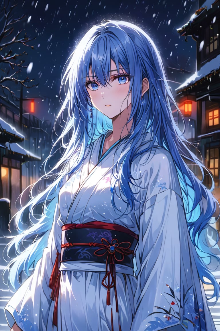 Score_9, Score_8_up, Score_7_up, seduce gaze, yuki onna mosnter girl, ghost type, glowing blue eyes, snowing, long blue hair, white kimono dress, midnight