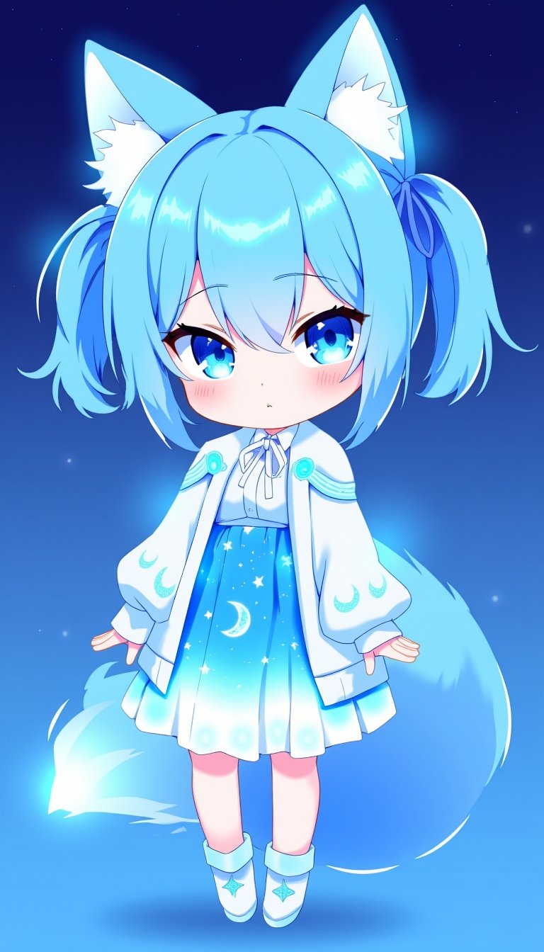 (chibi girl), front view, Anthropomorphized fox Girl: Pure blue hair tied into high twin ponytails, with a blue sheen at the ends Blue eyes, like stars shining in the night sky White clothing featuring a blue glowing moon pattern on the chest A translucent fiber optic skirt with blue LED lights, mimicking the starry sky Light and semi-transparent white shawl embroidered with blue crescent moons and stars Two pairs of white fox ears and a long fox tail, with a blue LED light at the tip of the tail Boots adorned with blue fiber optics, giving a futuristic feel White fingertip touchscreen gloves.full body,chibi, sanrio style, 3D colour, Anime Style