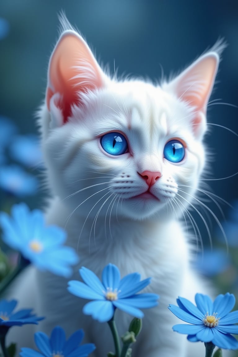 White cat, blue glowing eyes, cute, masterpiece, blue flower