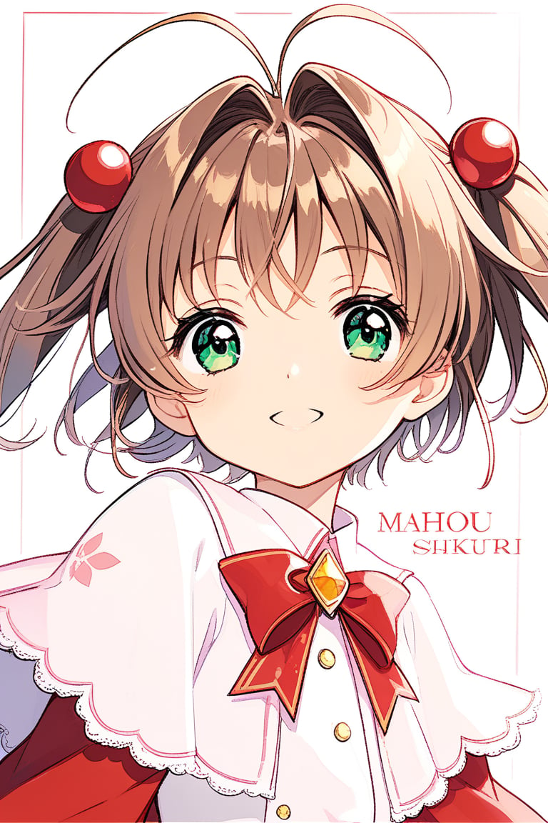 1girl, solo, looking at the audience, model pose, happy face, eyes with long and dense eyelashes (very bright and crystal clear), character name, text, Cardcaptor Sakura, antenna hair, brown hair, short hair, twintails, green eyes, hair bobbles, Mahou Shoujo uniform, white costume