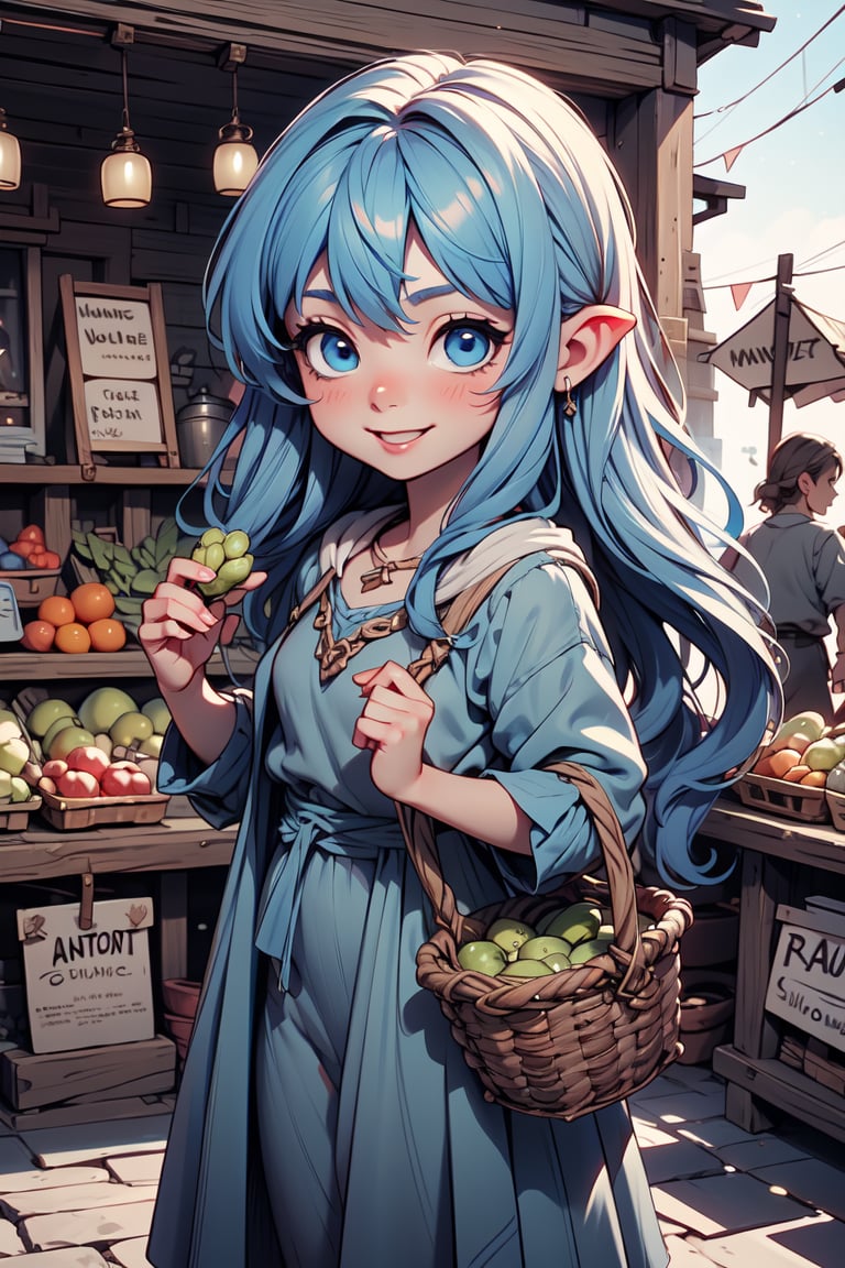 Cinematic composition chibi reah with blue long hair and blue eyes in a lively Hobbiton market. She carries a basket filled with fresh produce, her cheerful demeanor attracting the attention of fellow hobbits. The natural colors of her attire stand out against the market's vibrant scene, capturing role in the community and her connection to the simple joys of Hobbit life.