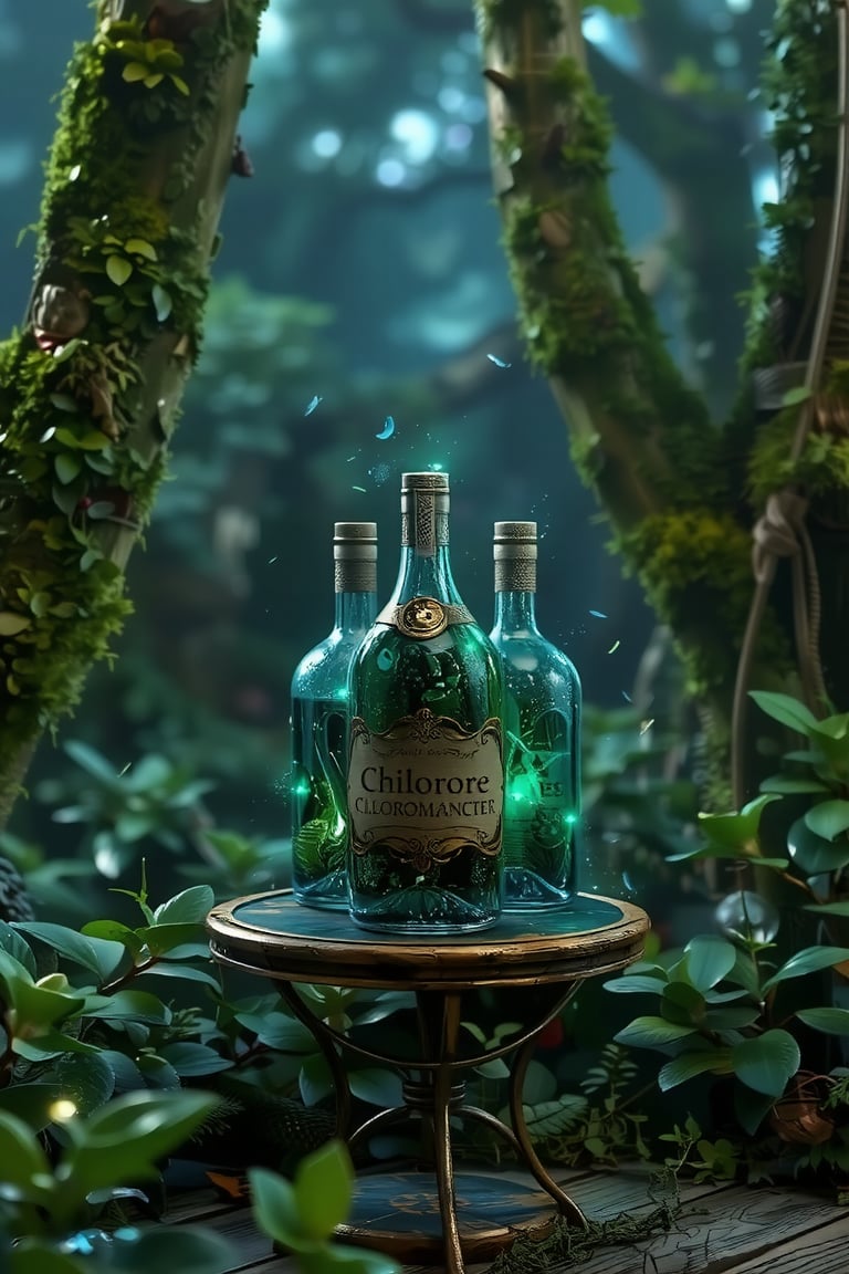 3d rendering,figure resin, basic base ,(masterpiece, best quality), mystic, haze aura, A bottle of potion with vigrant colors, green glowing with vibrant magical energy. They are placed on a small, round, vintage-style table that evokes an old European atmosphere. On bottle there are sign 'Chloromancer'. In the background, a slightly blurred ancient forest to focus attention on the bottles. Soft light filters into the scene, while fireflies float around, adding a touch of mystery and magic to the glowing bottles.