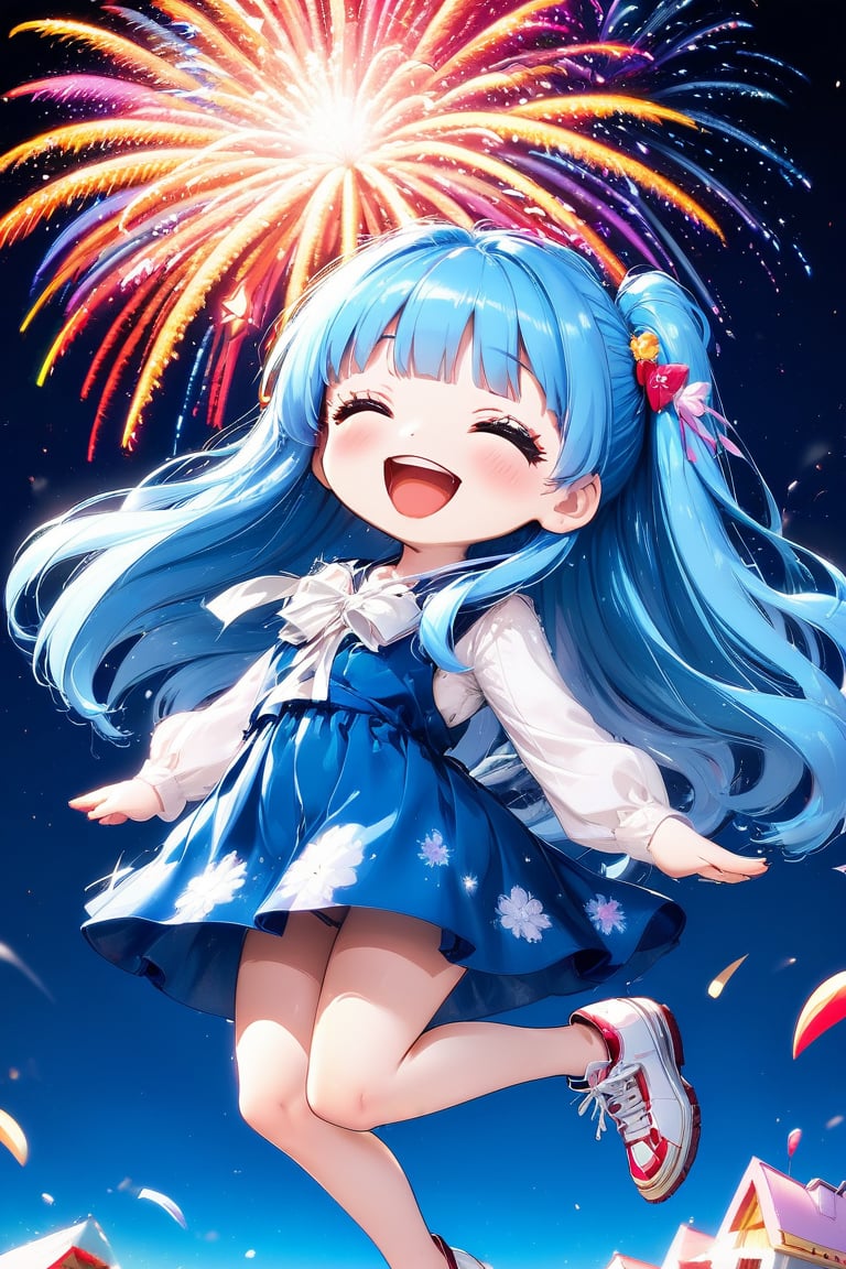 masterpiece, highly detailed, (extremely detailed fine touch:1.3), chibi anime style, happiness, big smile, jumping, long majestic blue hair, blunt bangs, 1girl, solo, full body, leaning back, side shot, cute dress, firework, multiple color, Anime Style.,Anime style, add text as "15 K",fashion magazine cover