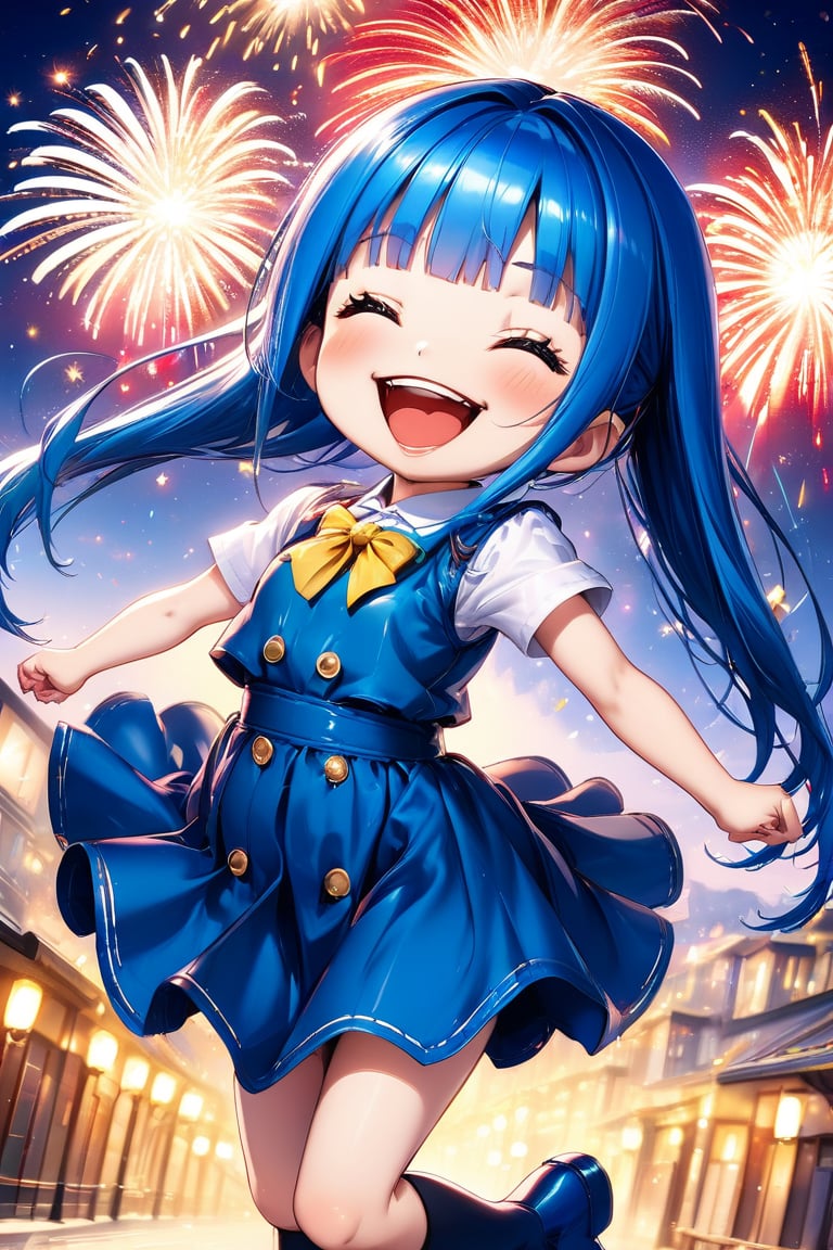 masterpiece, highly detailed, (extremely detailed fine touch:1.3), chibi anime style, happiness, big smile, jumping, long majestic blue hair, blunt bangs, 1girl, solo, full body, leaning back, side shot, cute dress, firework, multiple color, Anime Style.,Anime style, add text as "15 K",fashion magazine cover