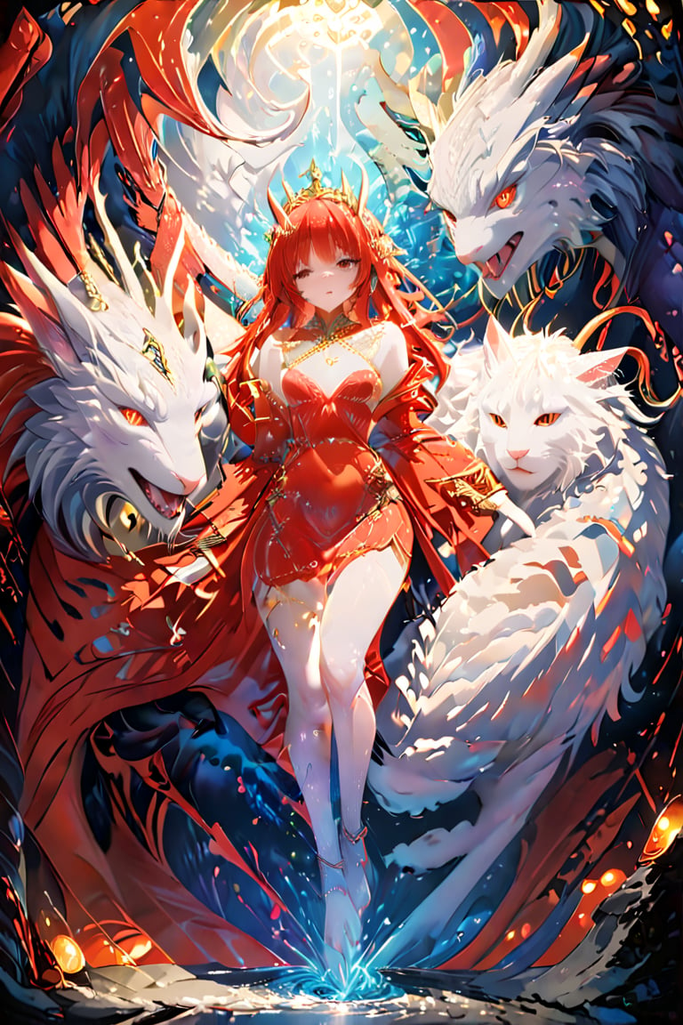 A majestic queen of cats grasps a massive feline companion in her arms, captured in a full-body shot. Her porcelain-like skin appears almost translucent against the vibrant colors surrounding her. Wide, crimson-red eyes gleam with an otherworldly intensity, as if fueled by ancient mystical powers. The artwork's vertical composition and intricate details create a breathtaking, dreamlike atmosphere, transporting viewers to a realm where mythical creatures reign supreme.